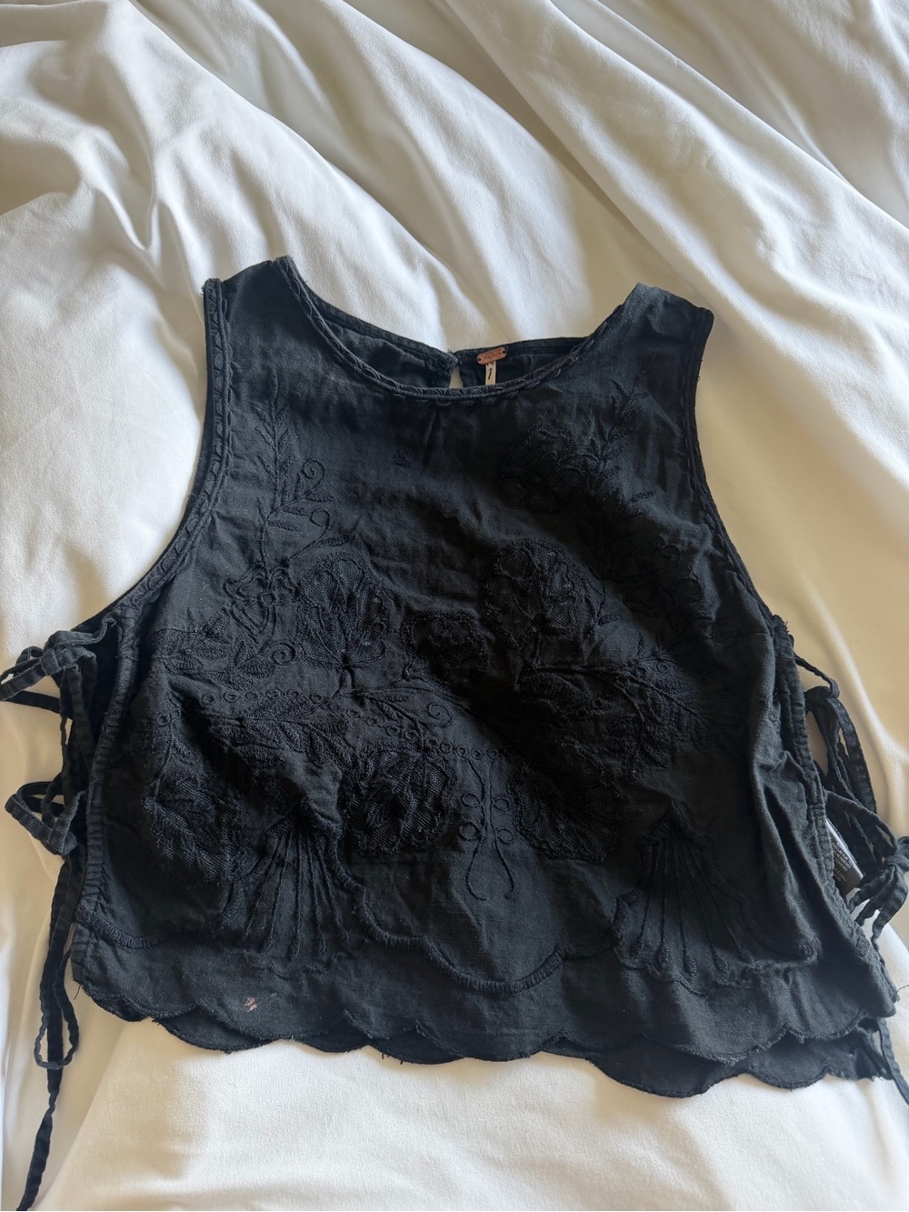 Free People Black Embroidered Side-Tie Crop Top
